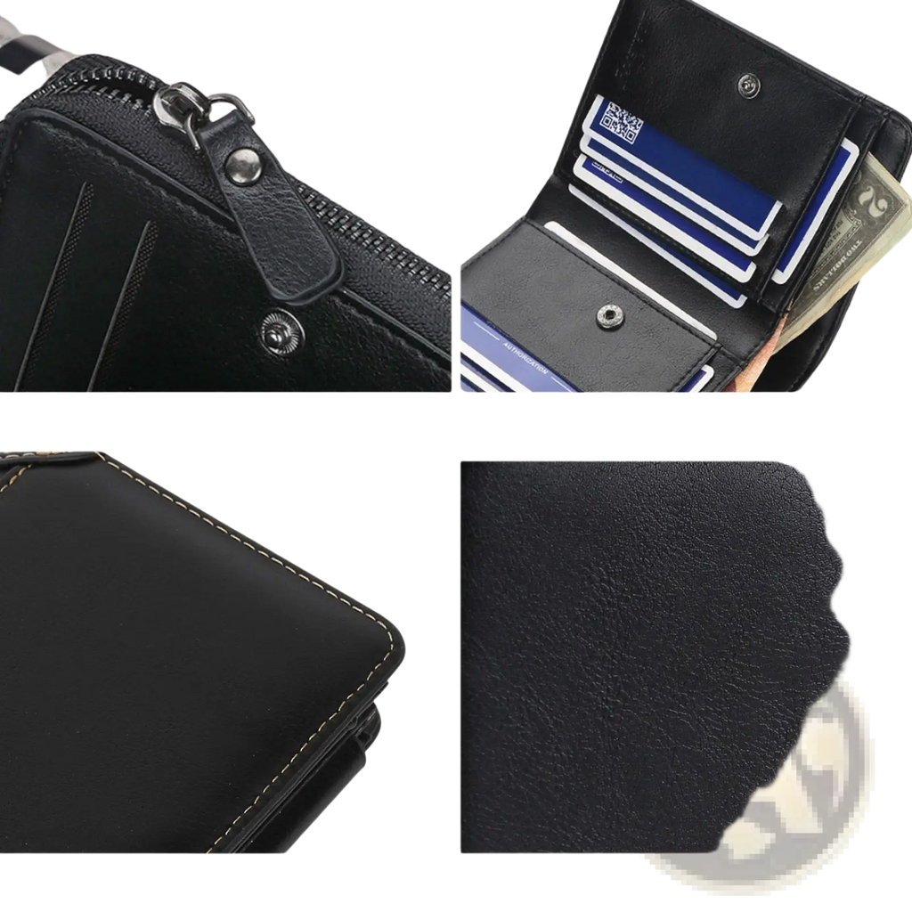 Baellerry men’s trifold pu leather black wallet with smooth zipper sturdy tower buckle and tight stitching