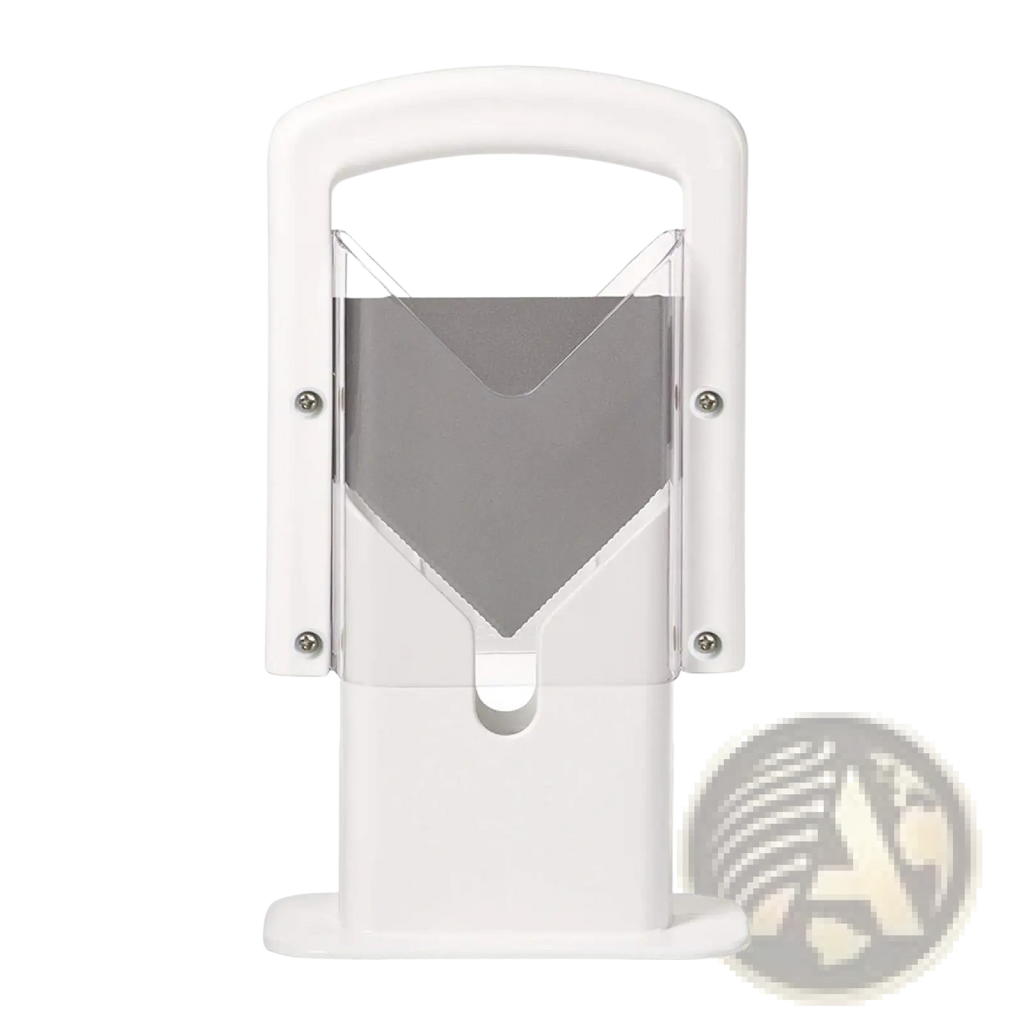 White plastic bagel slicer guillotine with clear acrylic blade guard and silver metal slicing component with safety guard