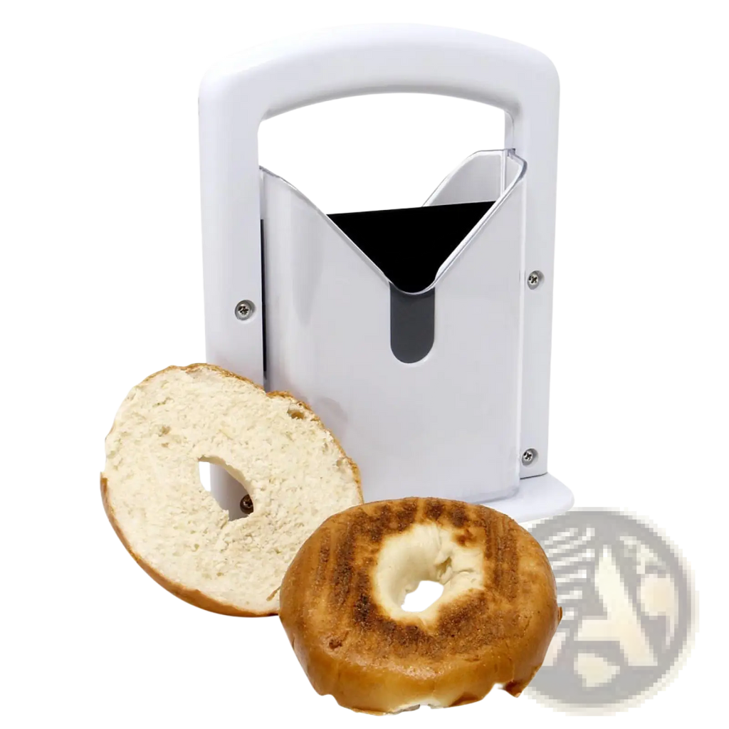 White plastic and stainless steel bagel slicer guillotine with safety guard and ergonomic handle for safe slicing