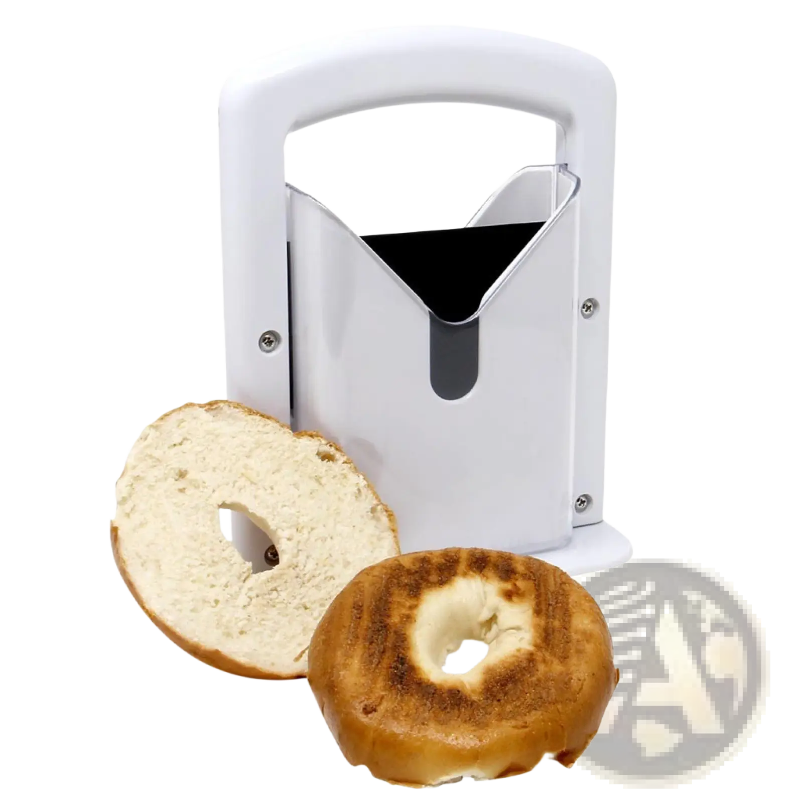 White plastic and stainless steel bagel slicer guillotine with safety guard and ergonomic handle for safe slicing