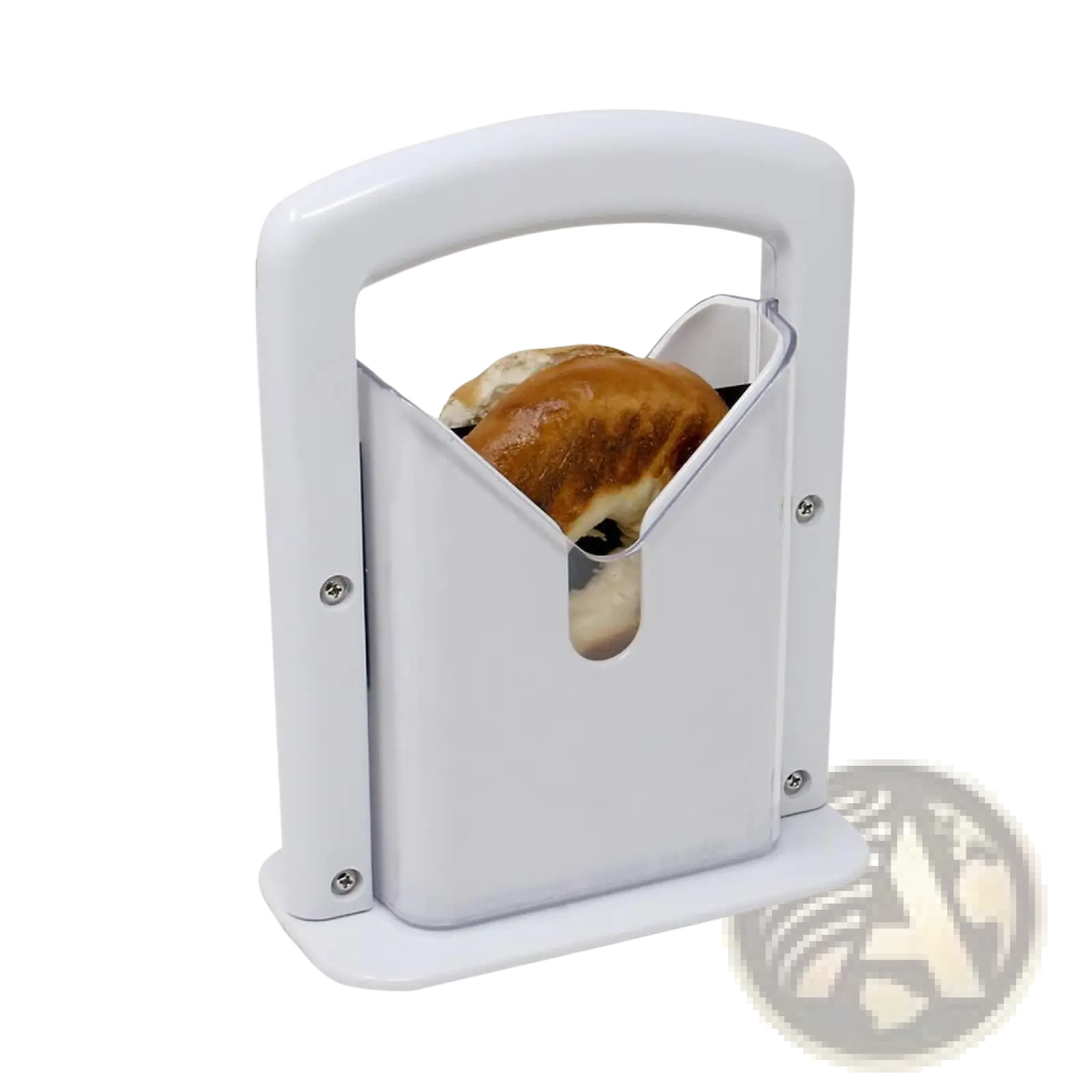 White plastic bagel slicer guillotine with a clear acrylic blade safety guard for secure slicing