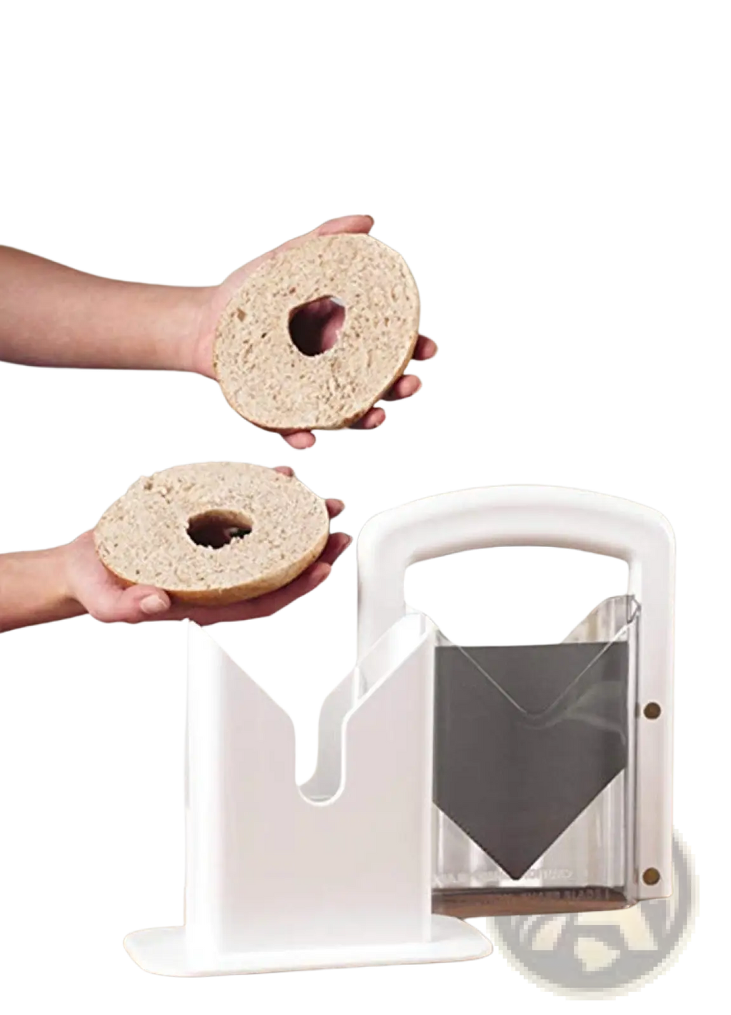 White plastic bagel slicer guillotine with clear acrylic blade guard and safety guard for secure slicing