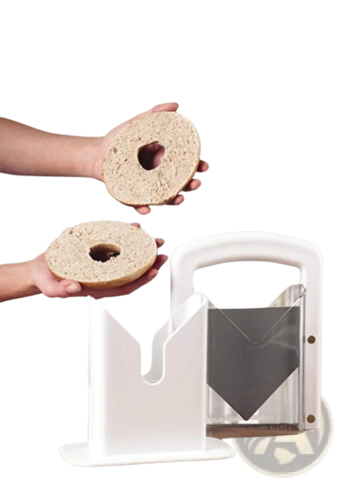 White plastic bagel slicer guillotine with clear acrylic blade guard and safety guard for secure slicing
