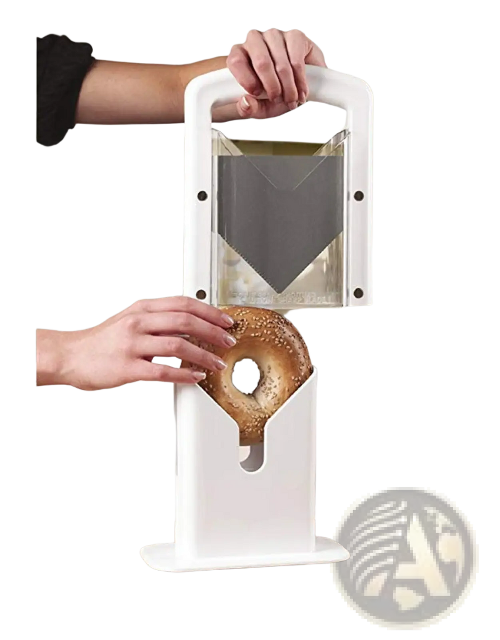 White plastic bagel slicer guillotine with clear acrylic safety guard and black circular accents for safe slicing