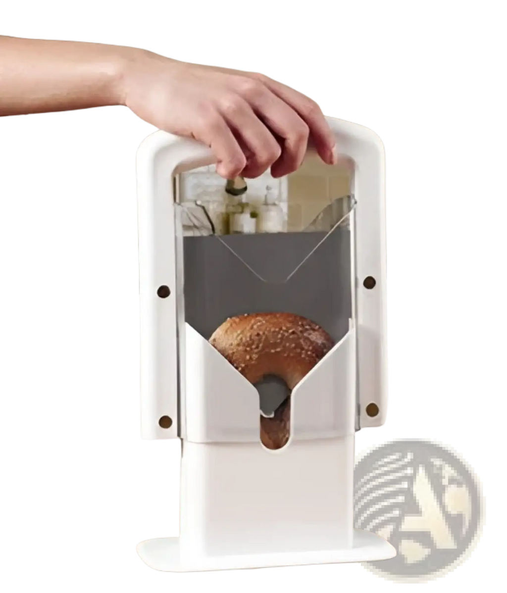 White plastic bagel slicer guillotine with clear acrylic safety guard and black metal blade components