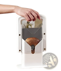White plastic bagel slicer guillotine with clear acrylic safety guard and black metal blade components