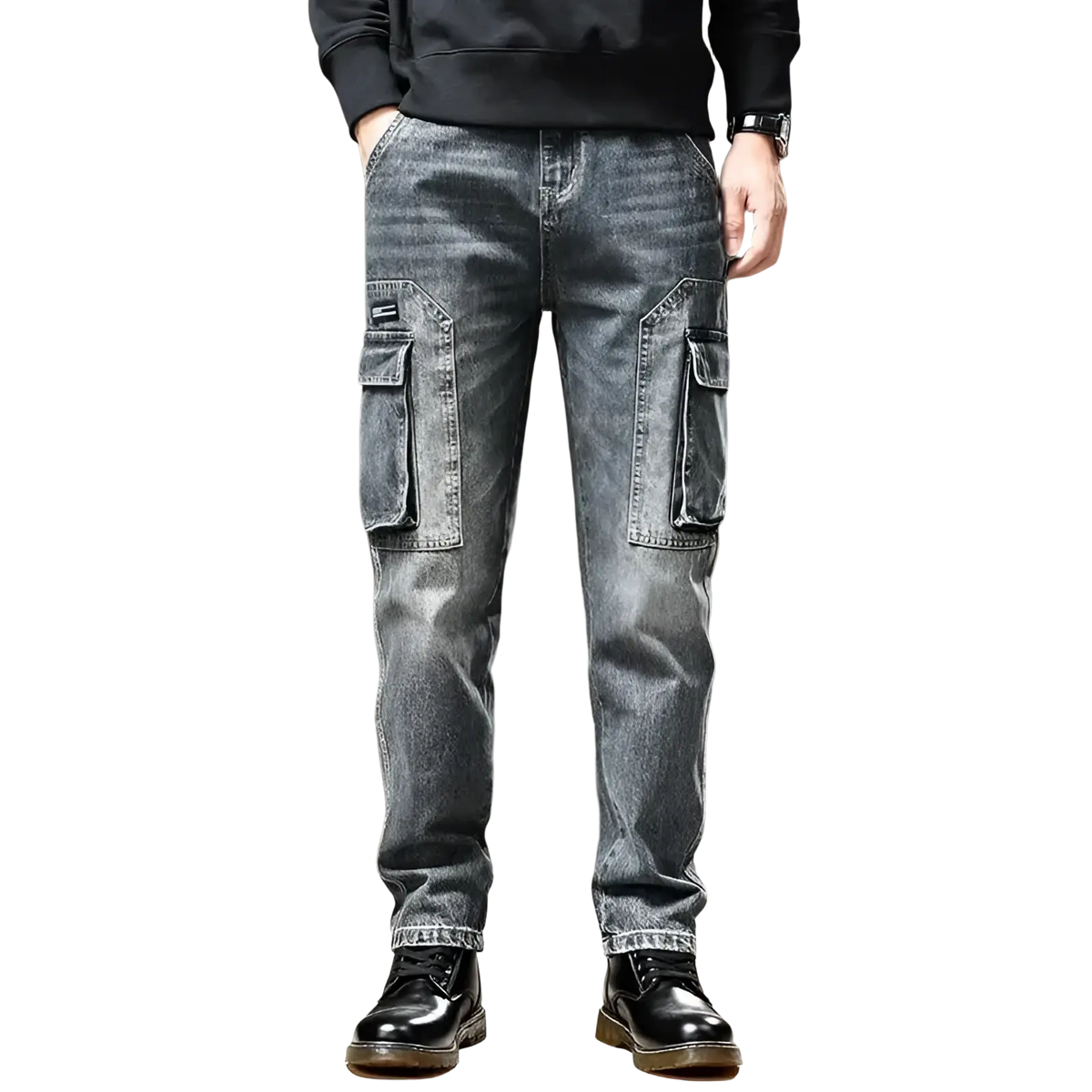 Baggy dark wash denim cargo pants with large flap pockets and a faded distressed look in y2k style