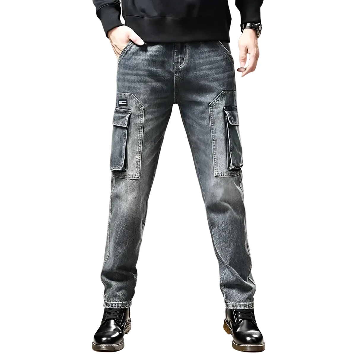 Baggy dark wash denim cargo pants with multiple large flap pockets and a faded distressed look