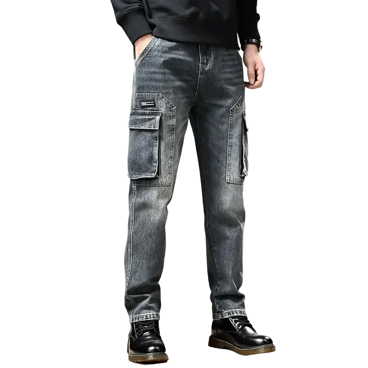 Baggy dark wash denim cargo pants with large side pockets and a relaxed fit in y2k style