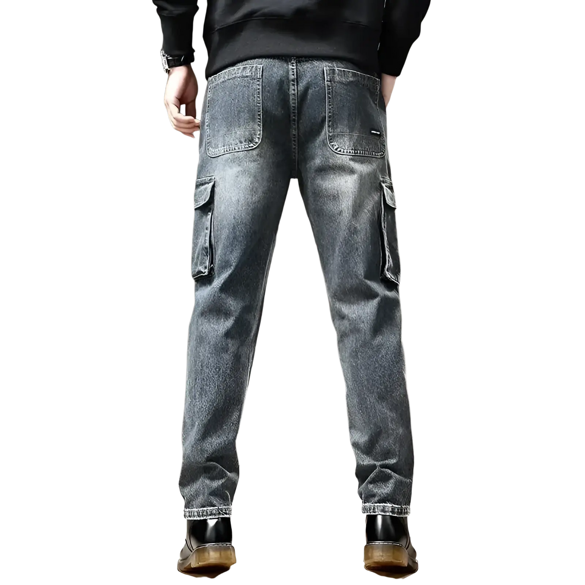 Baggy dark wash denim cargo pants with large side pockets and classic straight-leg cut visible from the front