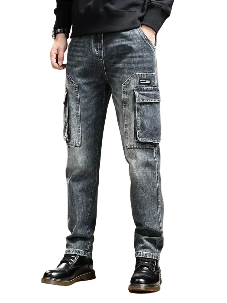 Baggy dark wash denim cargo pants with multiple large pockets and a slightly faded distressed look