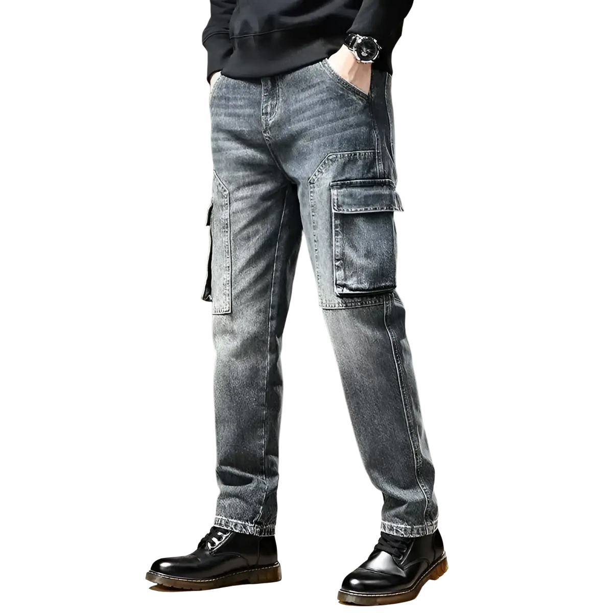 Baggy dark wash denim cargo pants featuring large flap pockets and a slim fit in dark-wash denim material