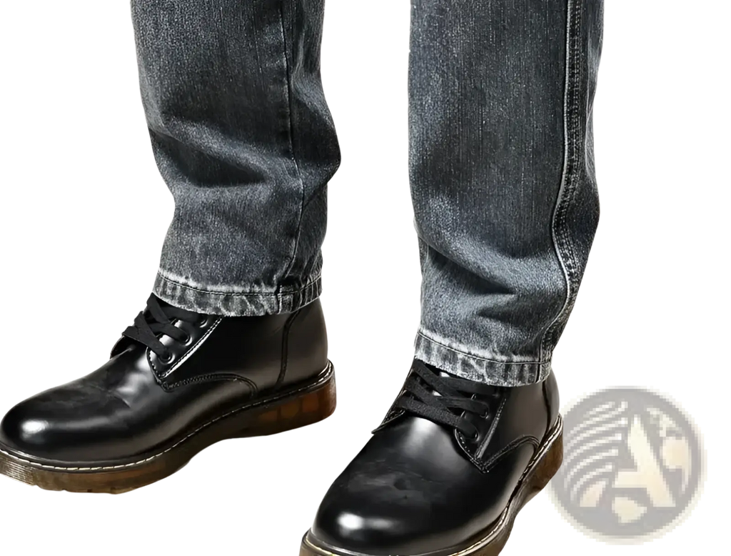 Black leather lace-up boots with thick brown rubber sole paired with baggy dark wash denim cargo pants y2k style