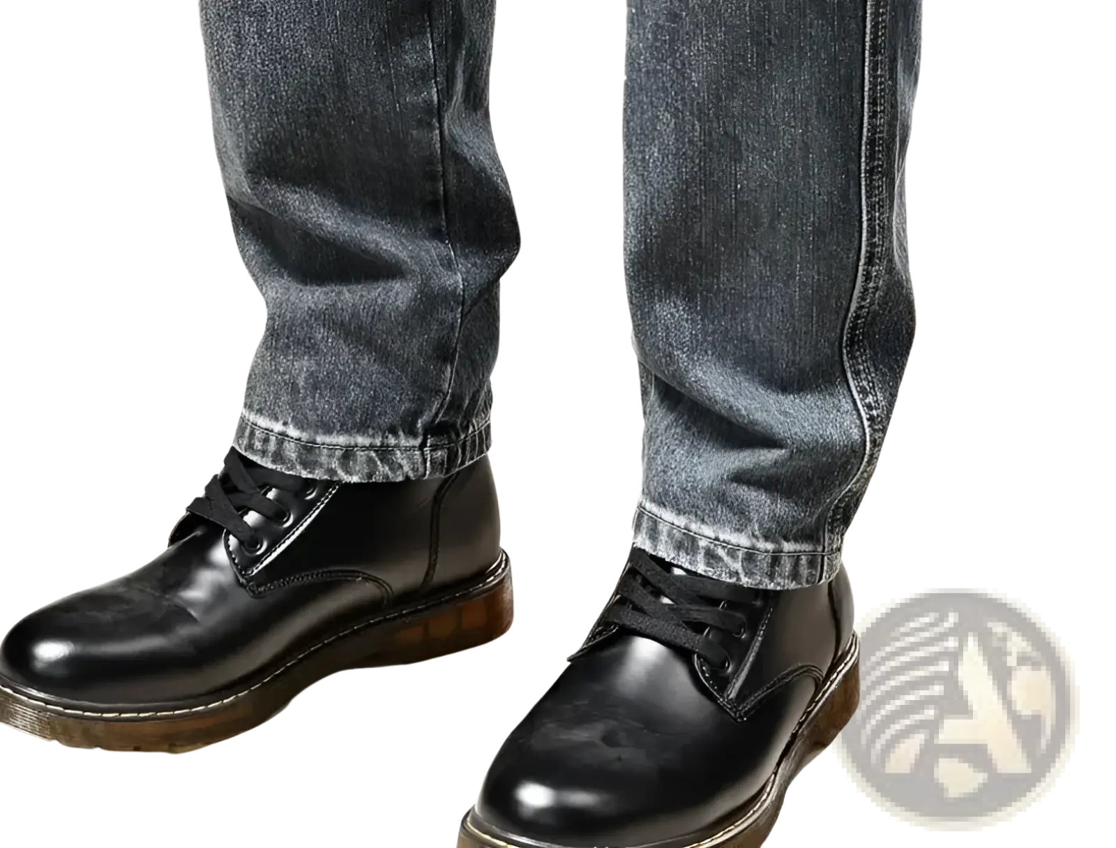 Black leather lace-up boots with thick brown rubber sole paired with baggy dark wash denim cargo pants y2k style