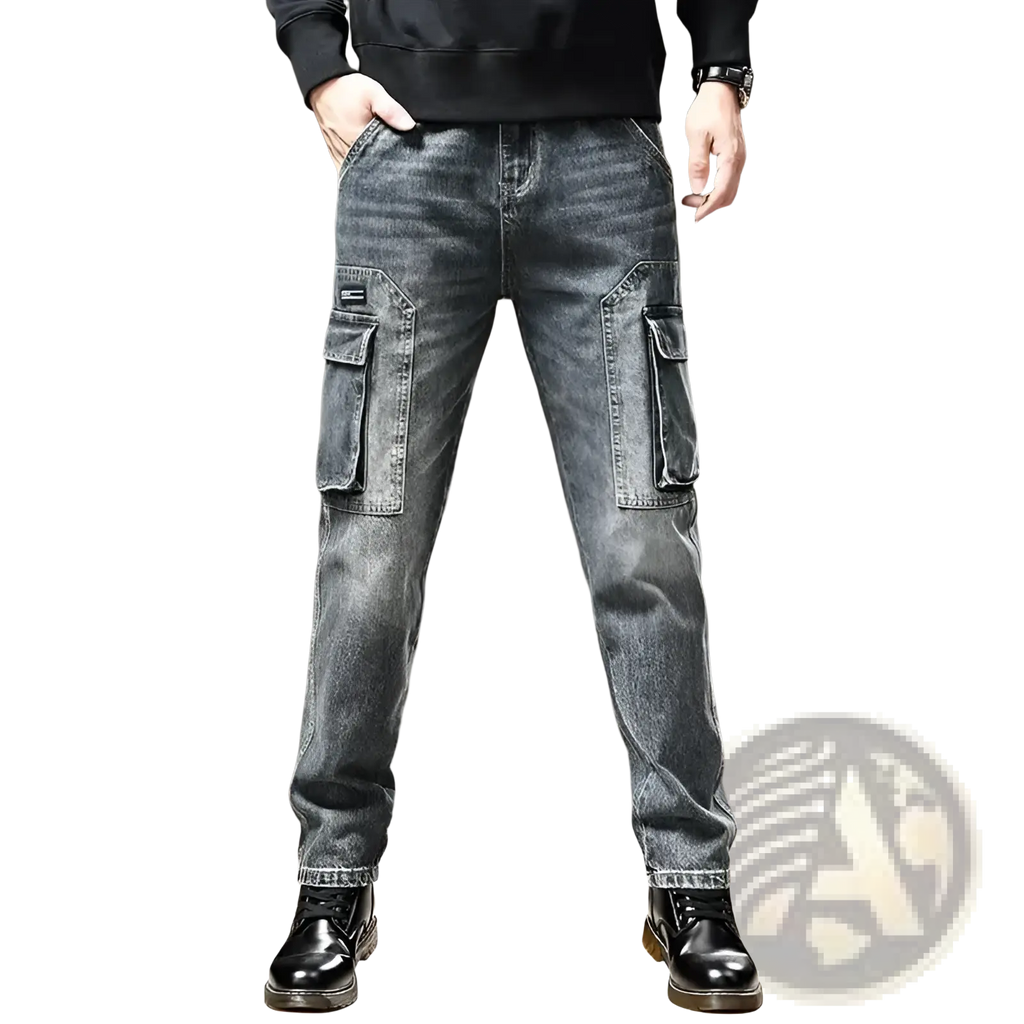 Baggy dark wash denim cargo pants with multiple large flap pockets and a faded distressed look