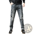Baggy dark wash denim cargo pants with multiple large flap pockets and a faded distressed look