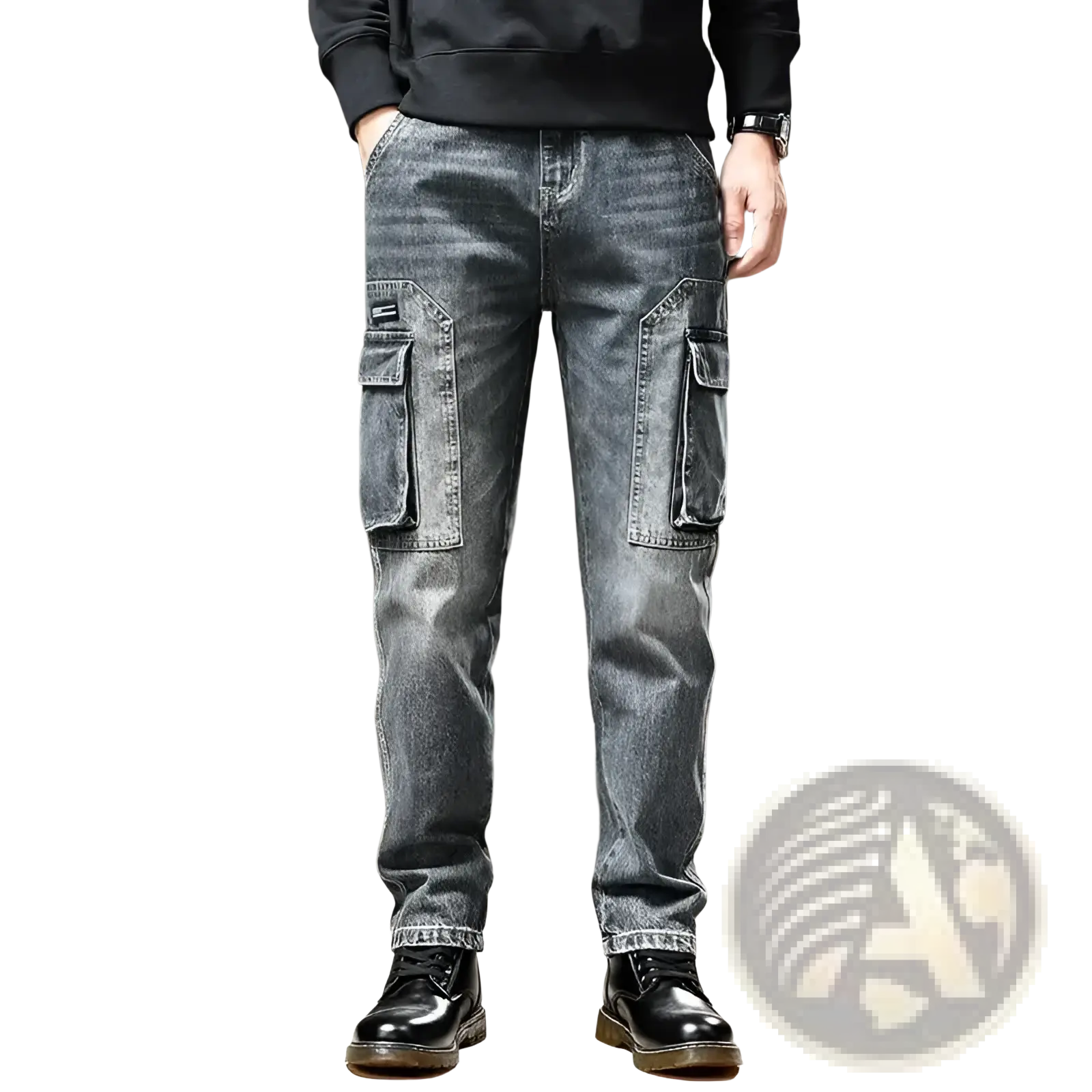 Baggy dark wash denim cargo pants with large flap pockets and a faded distressed look in y2k style