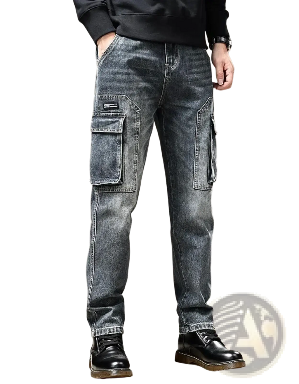 Baggy dark wash denim cargo pants with large flap pockets and relaxed fit in dark-wash denim material