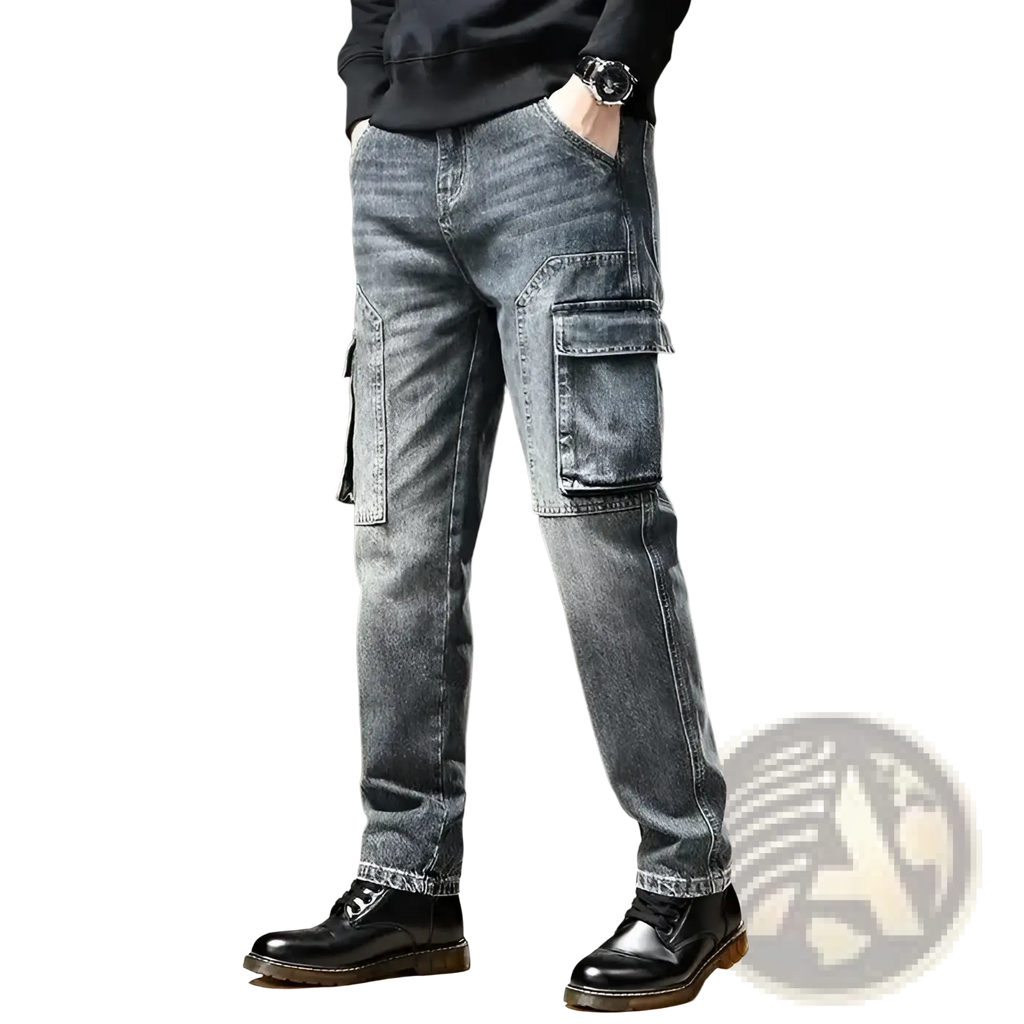 Baggy dark wash denim cargo pants featuring large flap pockets and a slim fit in dark-wash denim material