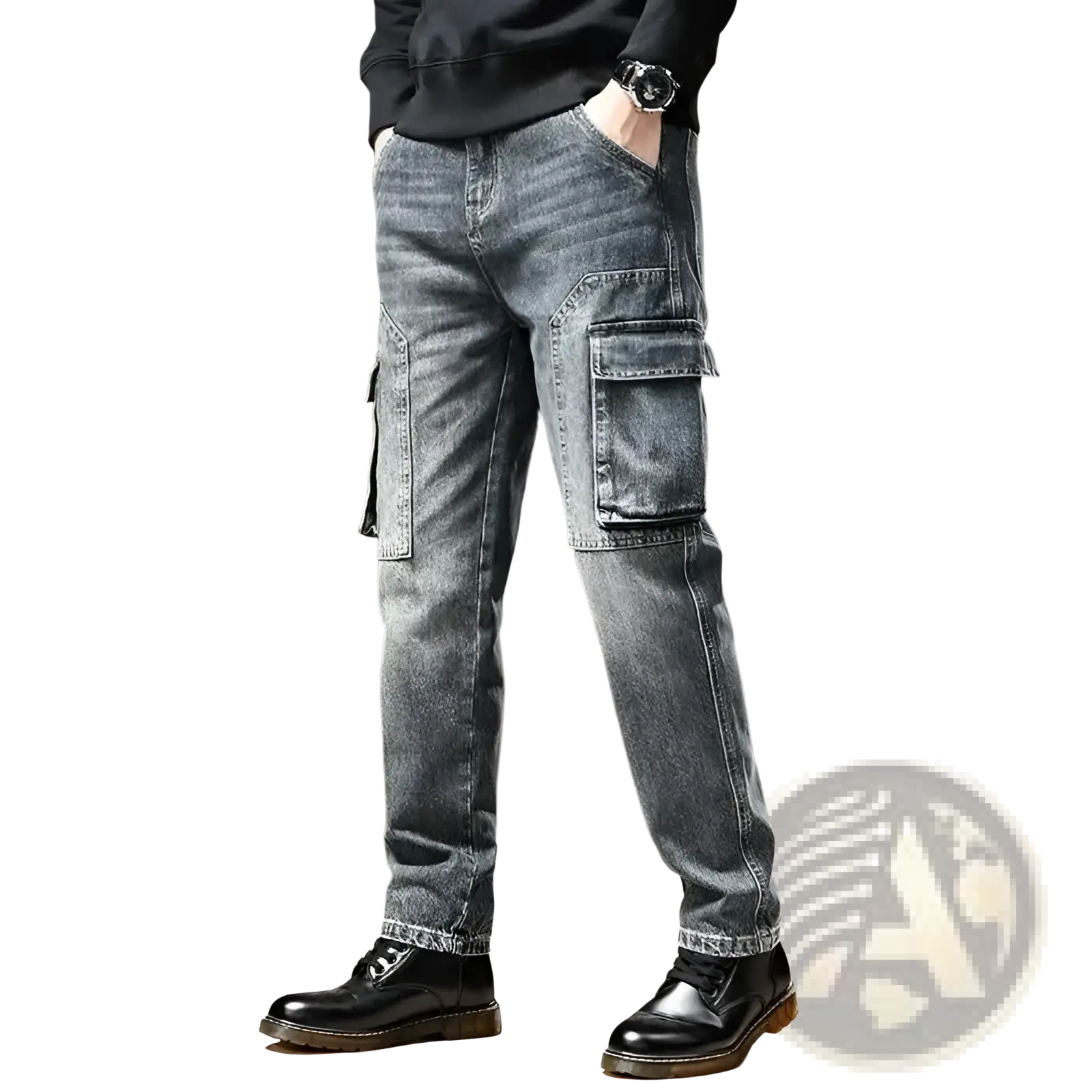 Baggy dark wash denim cargo pants featuring large flap pockets and a slim fit in dark-wash denim material