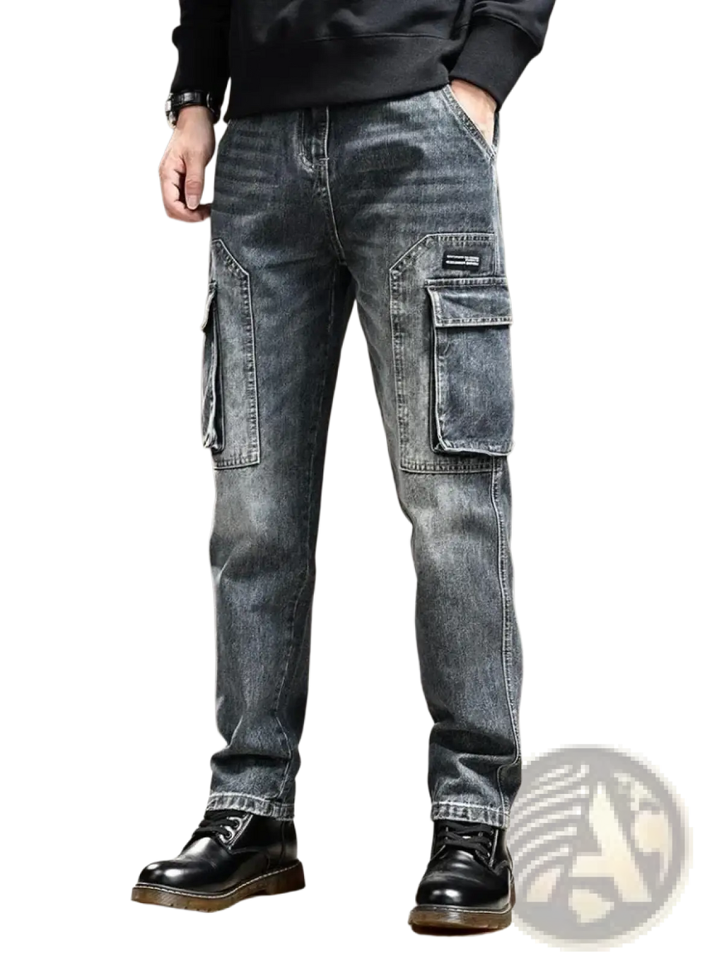 Baggy dark wash denim cargo pants with multiple large pockets and a slightly faded distressed look