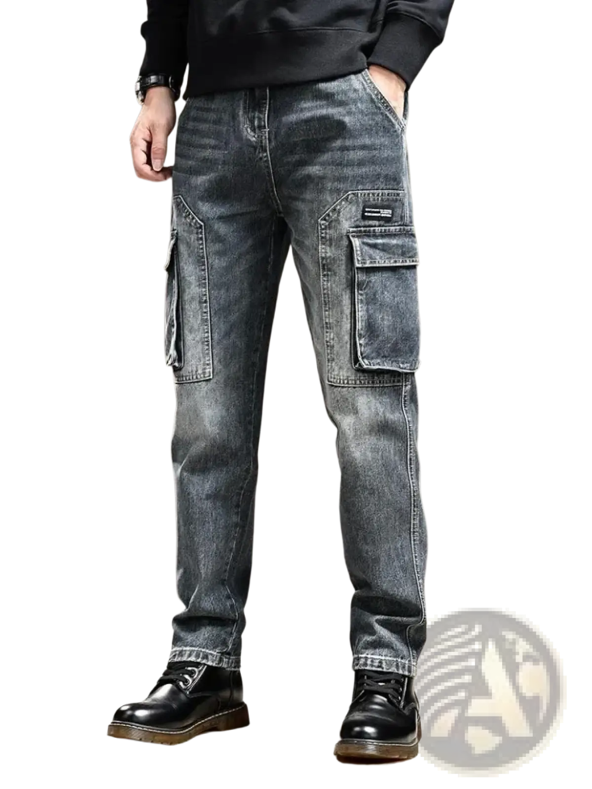 Baggy dark wash denim cargo pants with multiple large pockets and a slightly faded distressed look