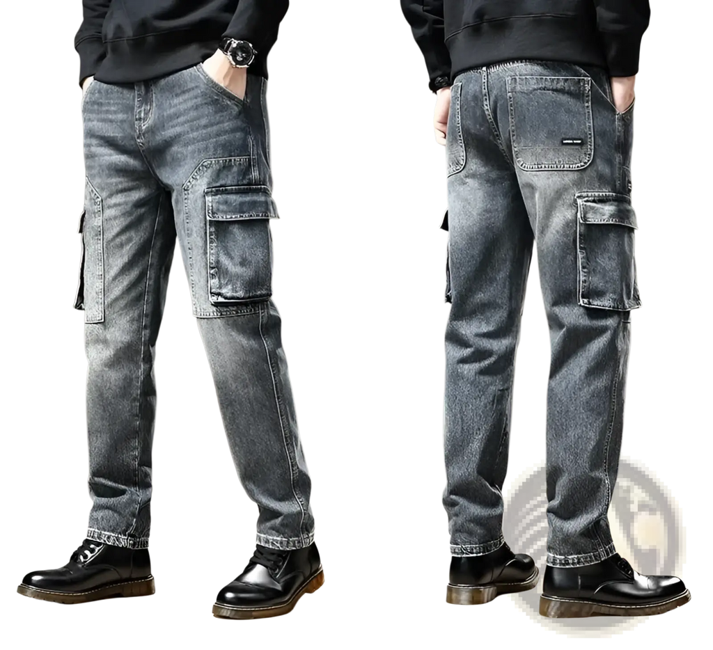 Baggy dark wash denim cargo pants with multiple large pockets and a relaxed fit in y2k style