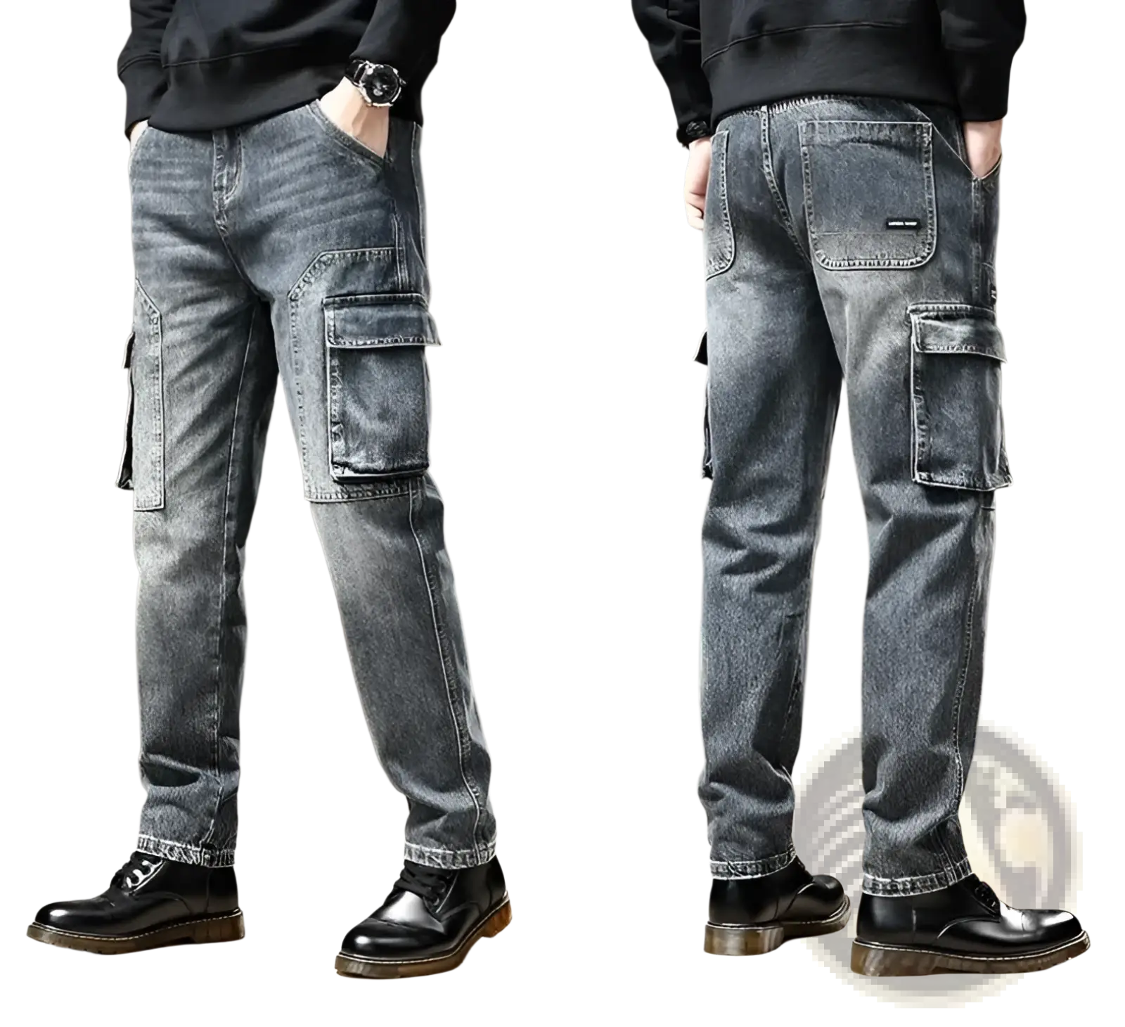 Baggy dark wash denim cargo pants with multiple large pockets and a relaxed fit in y2k style