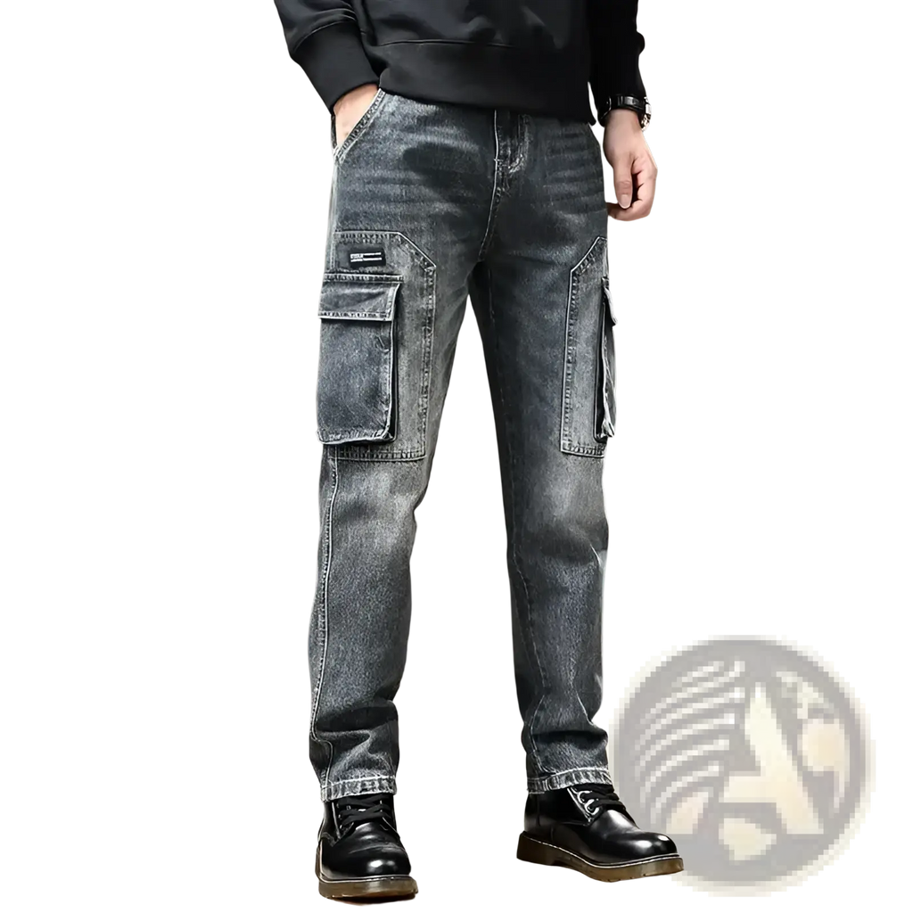 Baggy dark wash denim cargo pants with large side pockets and a relaxed fit in y2k style