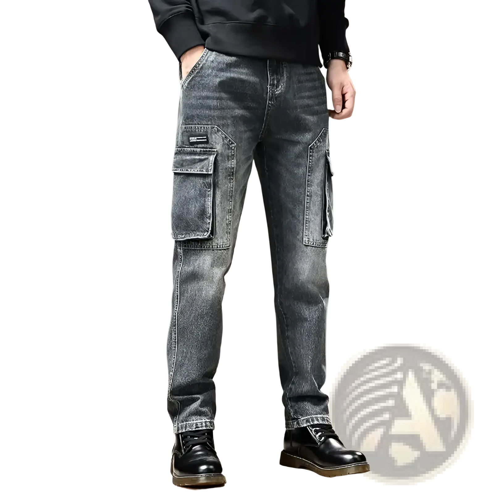 Baggy dark wash denim cargo pants with large side pockets and a relaxed fit in y2k style