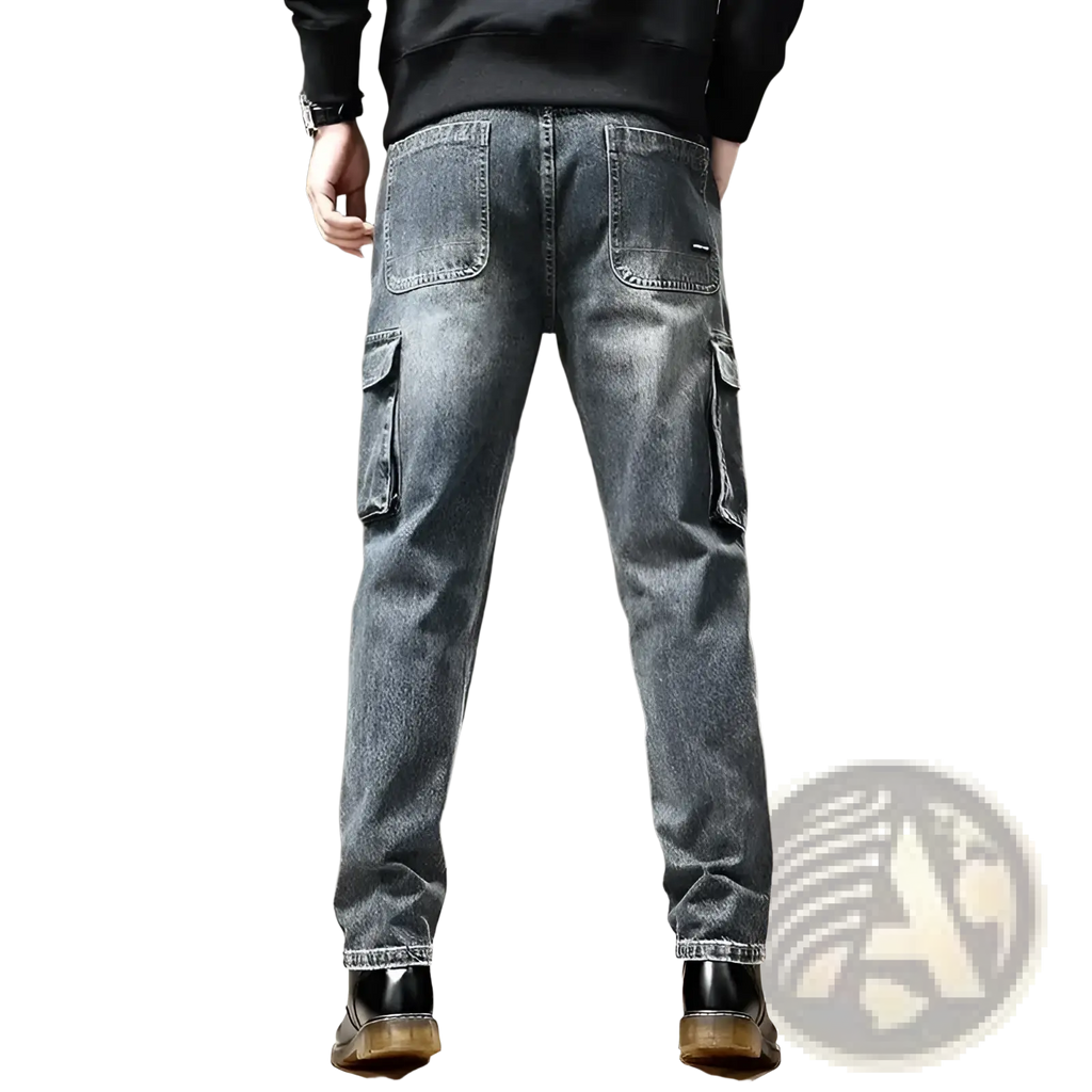 Baggy dark wash denim cargo pants with large side pockets and classic straight-leg cut visible from the front