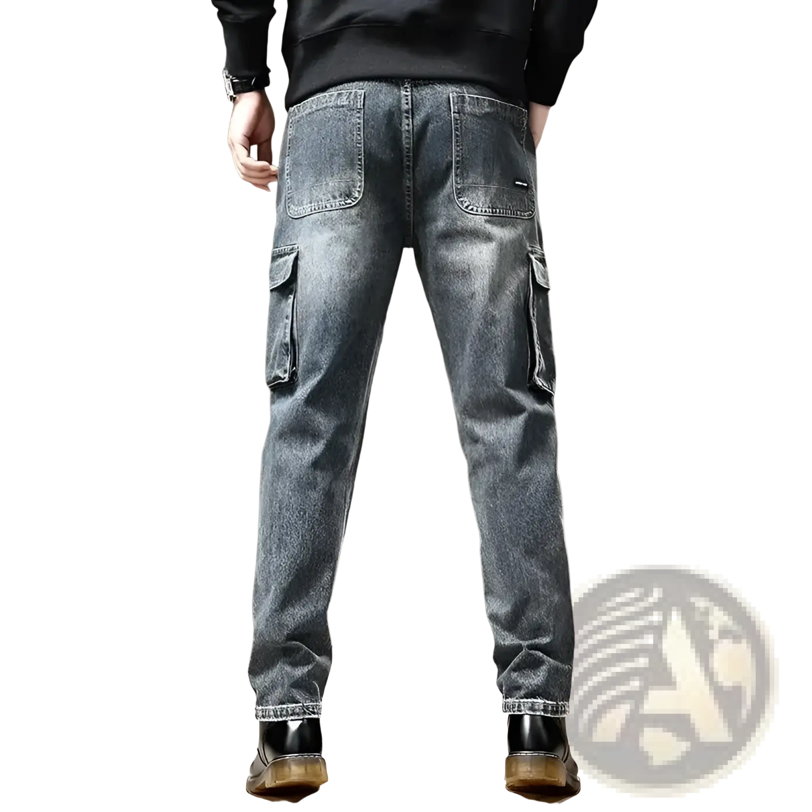 Baggy dark wash denim cargo pants with large side pockets and classic straight-leg cut visible from the front