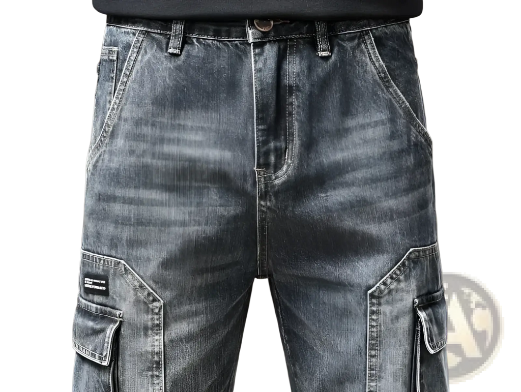 Baggy dark wash denim cargo pants with large side pockets and a black label on the left thigh