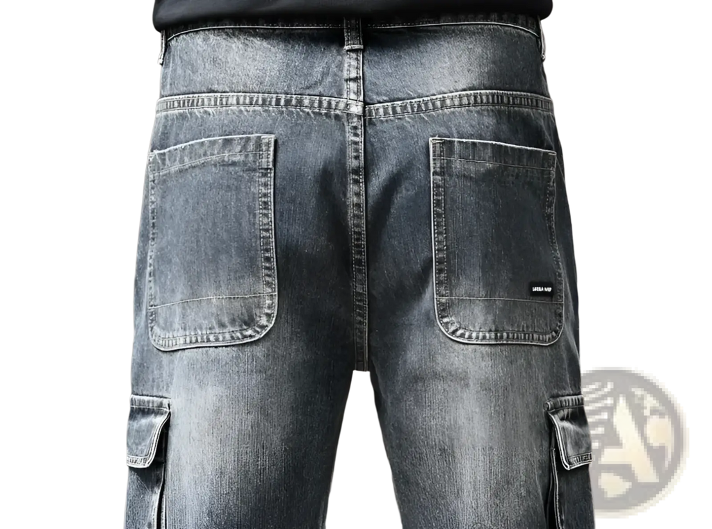 Back side of baggy dark wash denim cargo pants featuring reinforced stitching and a subtle brand tag on the pocket