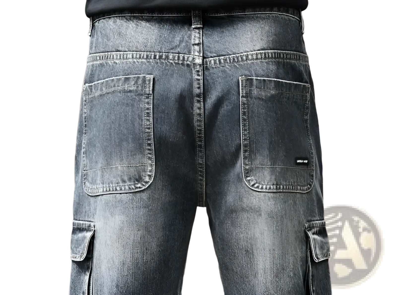 Back side of baggy dark wash denim cargo pants featuring reinforced stitching and a subtle brand tag on the pocket