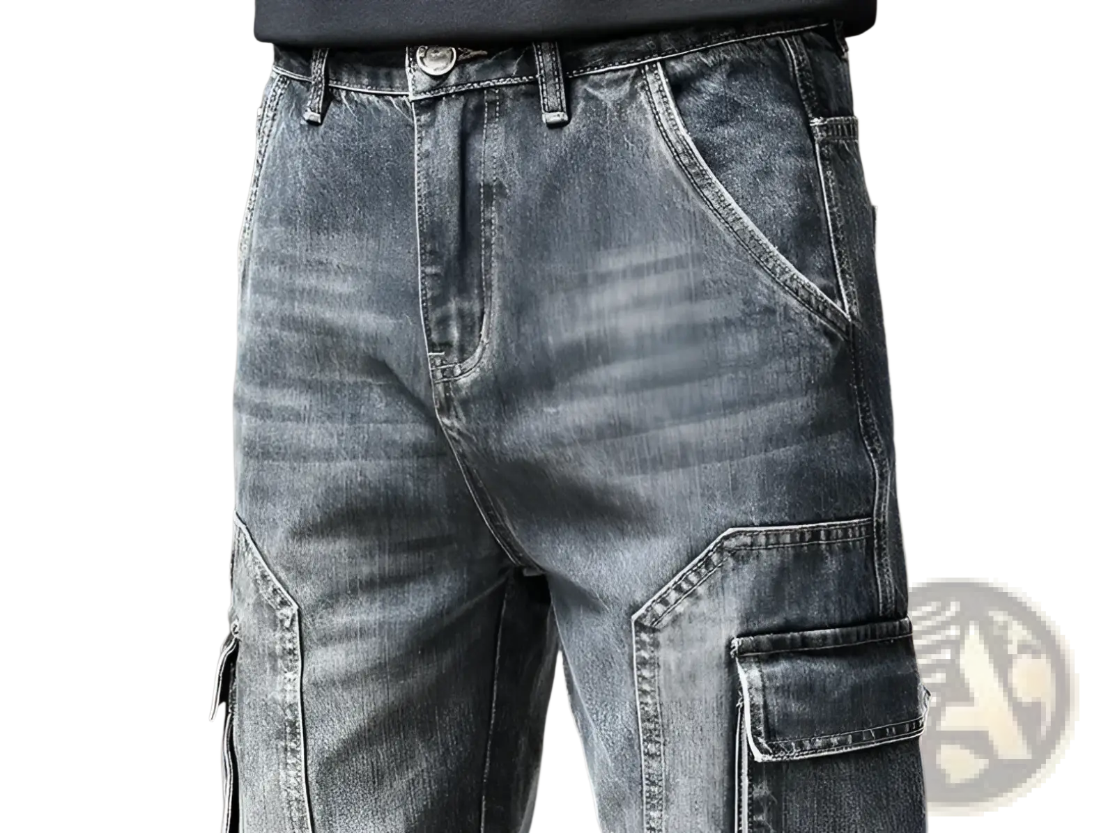 Baggy dark wash denim cargo pants with reinforced stitching and large side pockets in dark-wash denim material