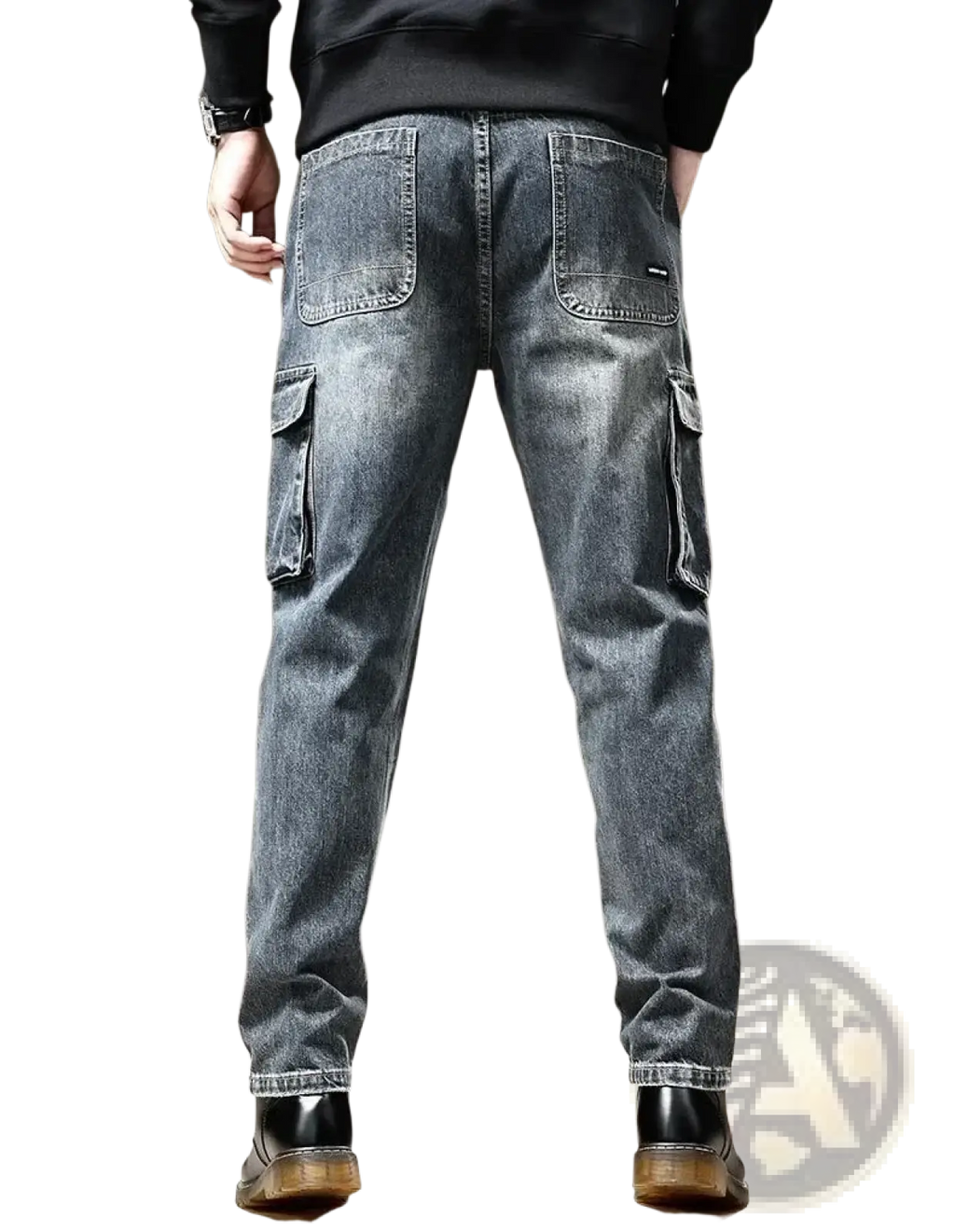 Baggy dark wash denim cargo pants with reinforced stitching and multiple pockets in dark-wash denim material