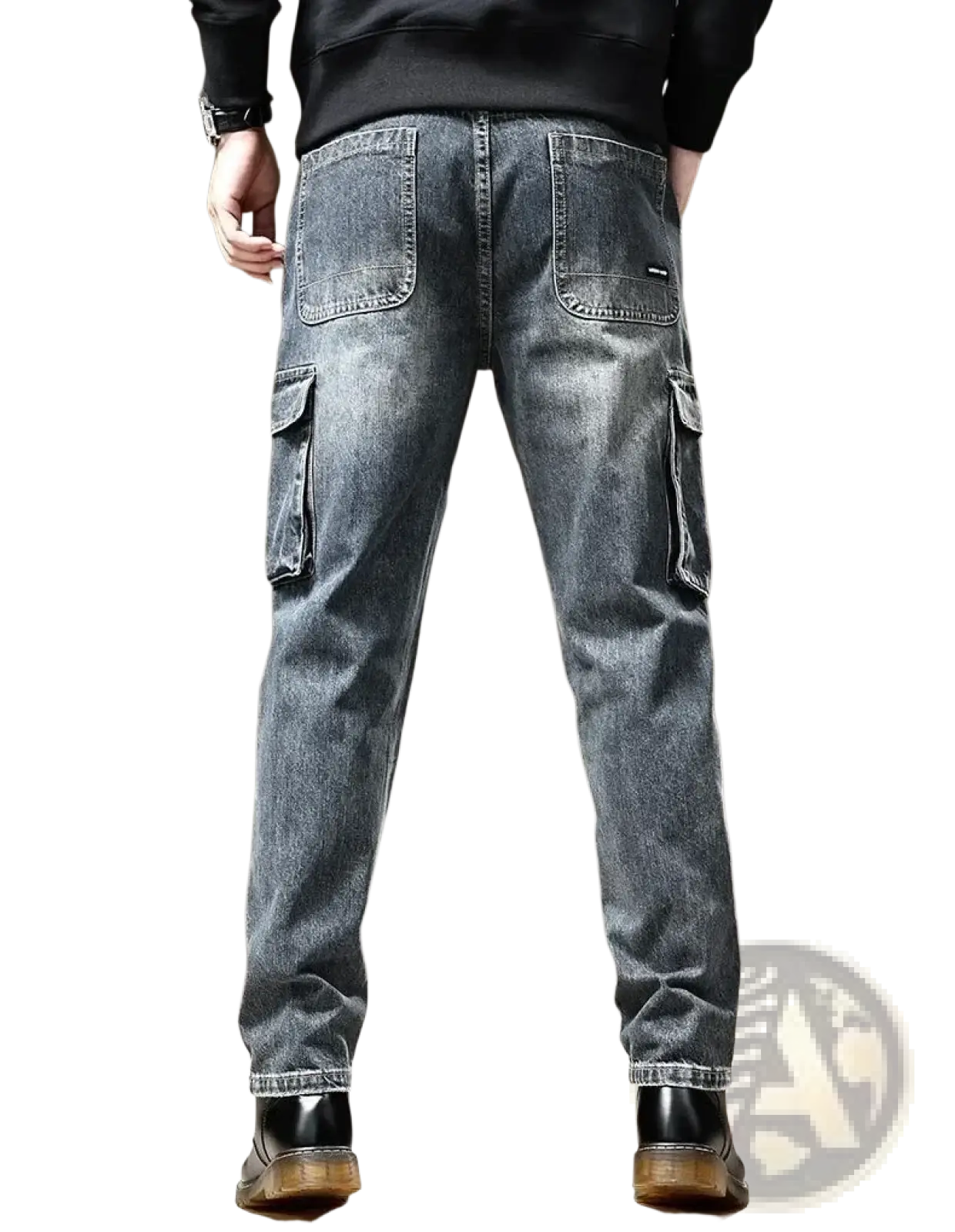 Baggy dark wash denim cargo pants with reinforced stitching and multiple pockets in dark-wash denim material