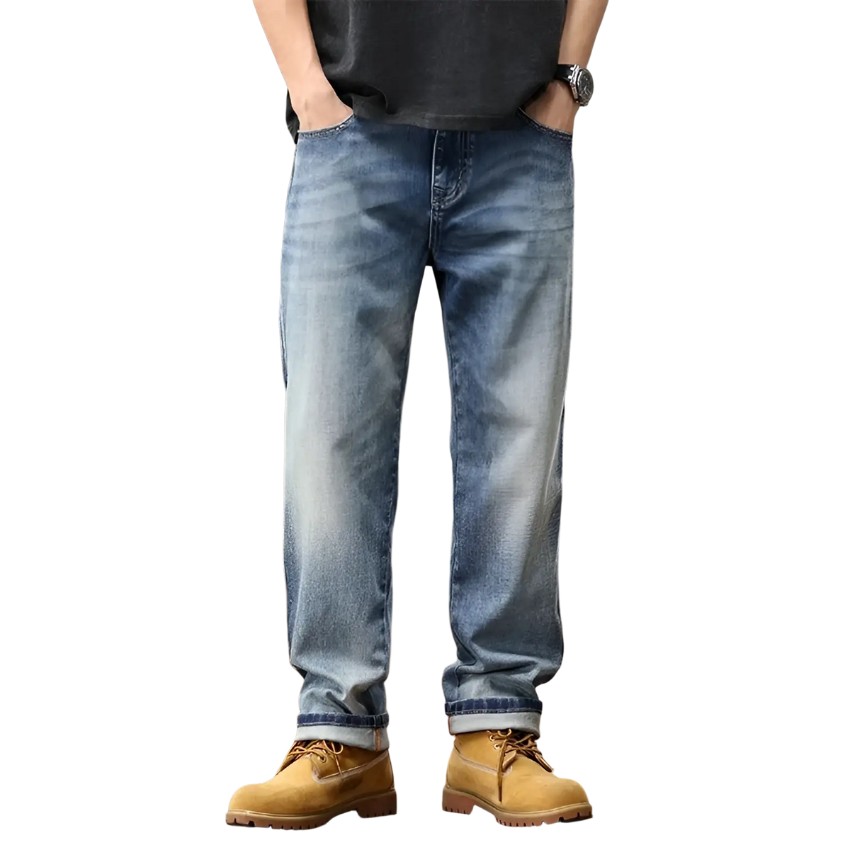 Blue faded wash denim jeans with wide leg and rolled cuffs made from light blue denim fabric