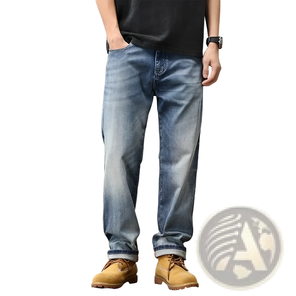 Baggy light blue denim jeans with a relaxed fit and rolled cuffs made of light-wash denim material