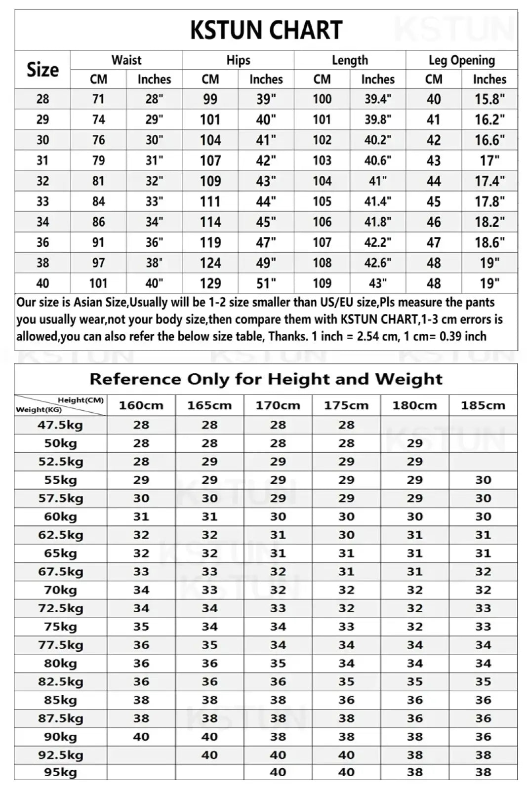 Kstun size chart table showing measurements in cm and inches for baggy light blue denim wide leg jeans with height and weight references