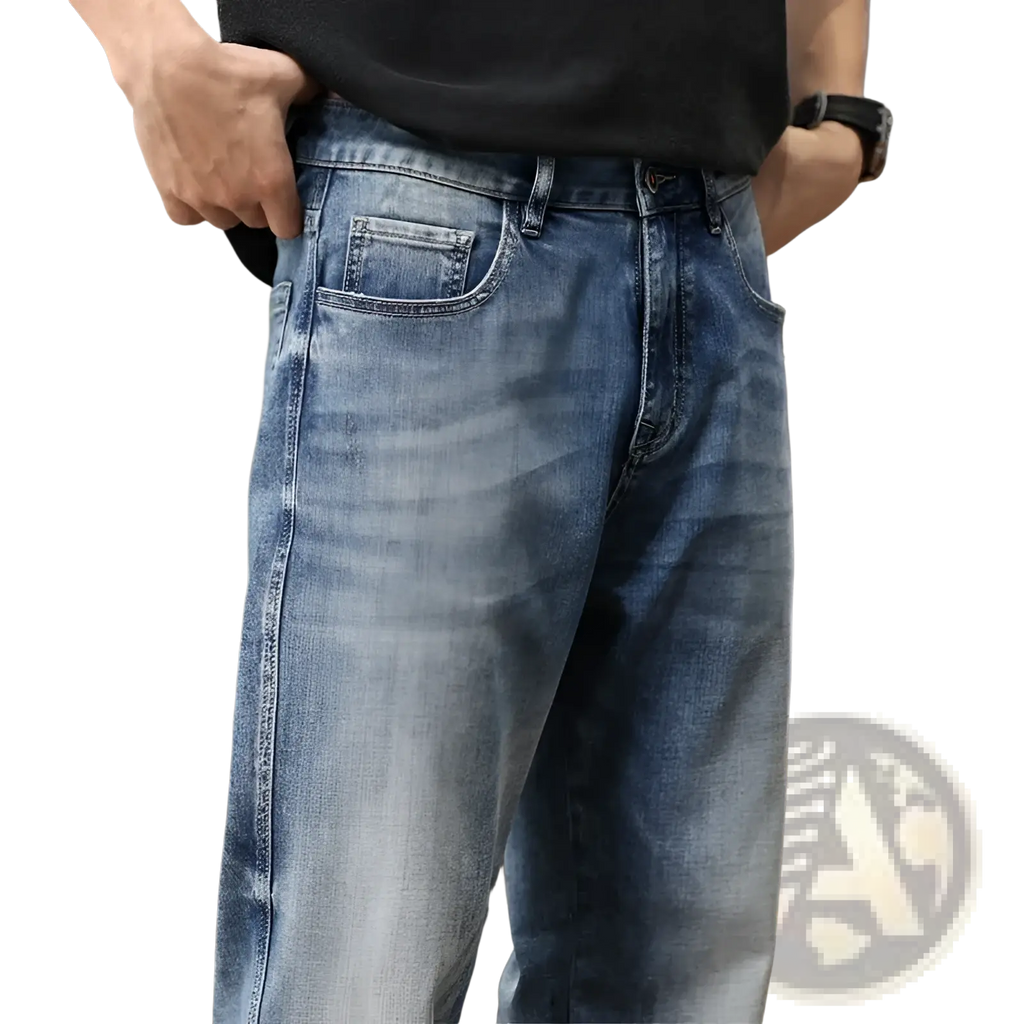 Baggy light blue denim jeans in medium-wash with a relaxed fit and classic five-pocket design