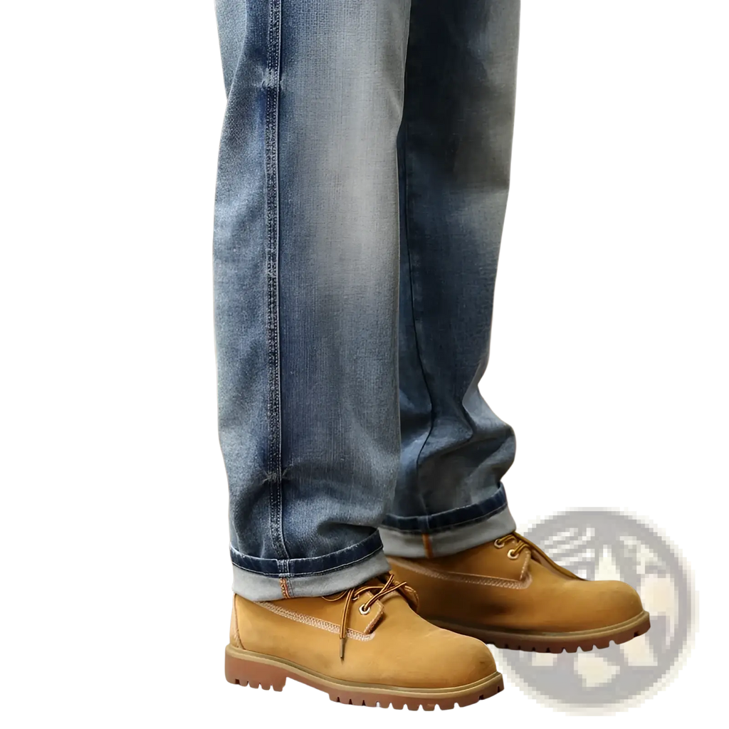 Tan leather work boots with sturdy soles and classic lace up design paired with baggy light blue denim wide leg pants