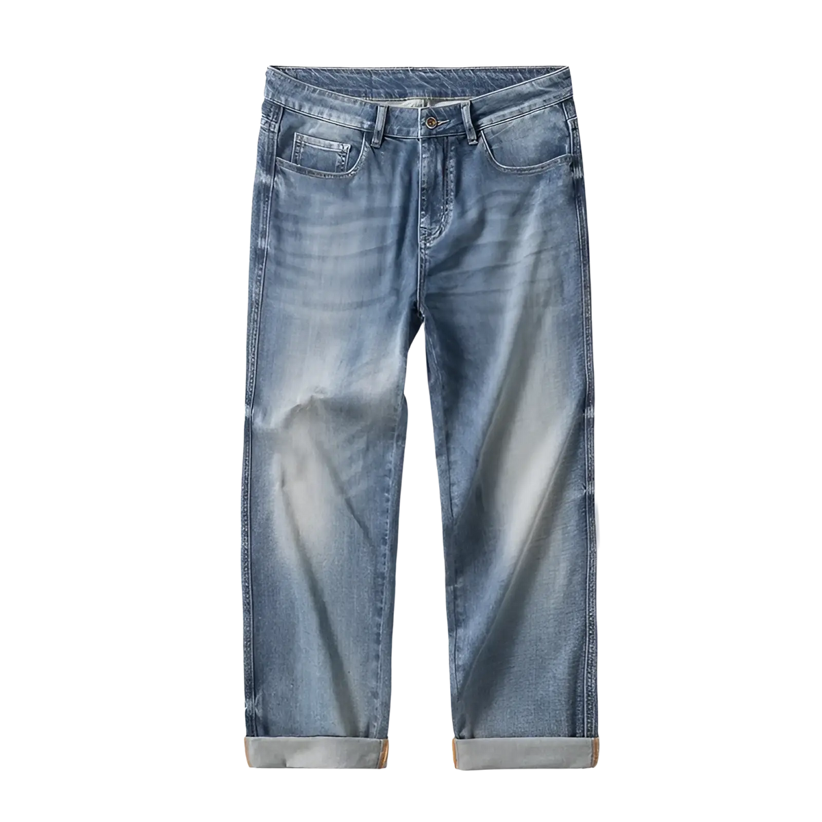 Baggy light blue denim jeans with a faded distressed look and rolled cuffs made from light-wash denim material