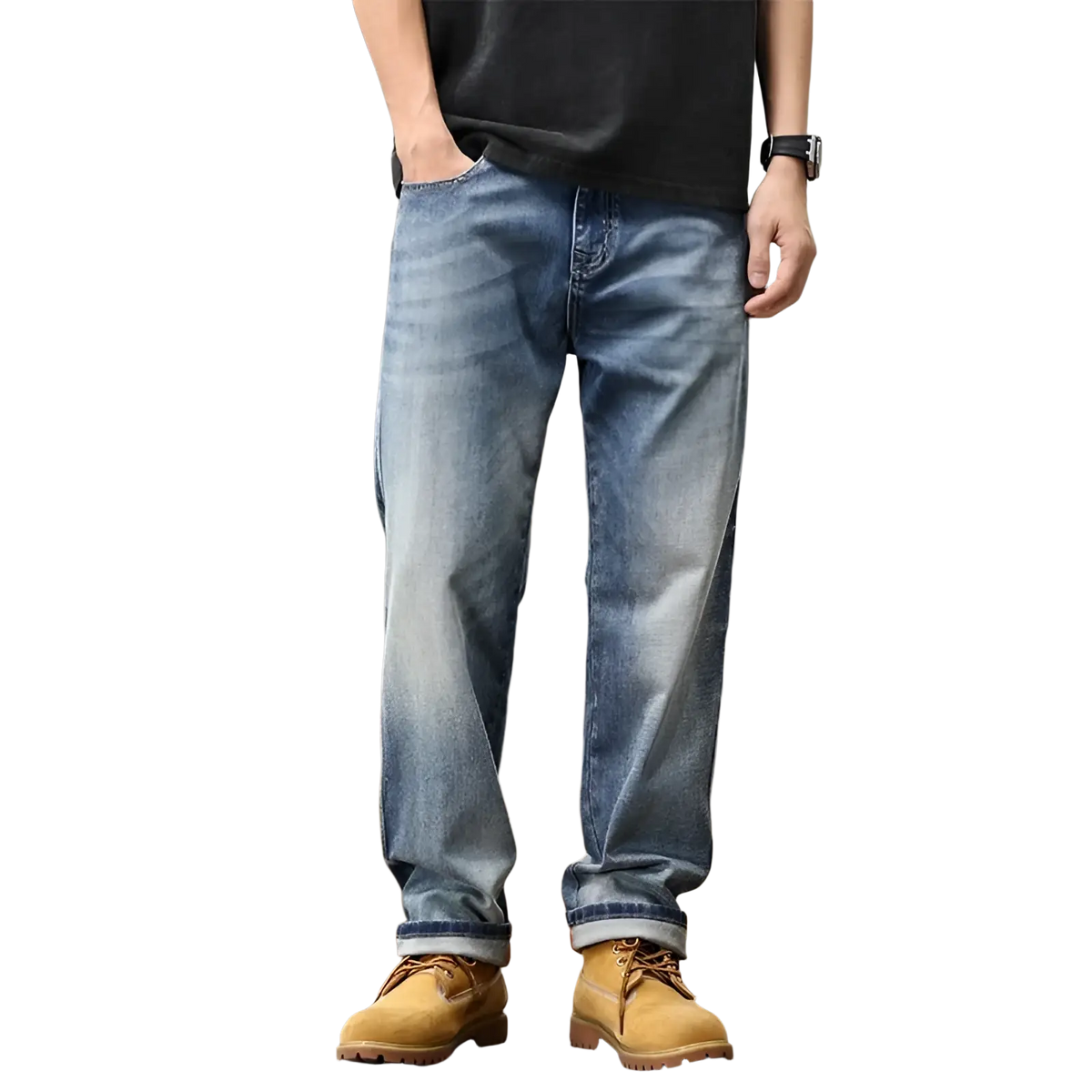 Baggy light blue denim jeans with a relaxed fit and rolled cuffs made of light-wash denim material