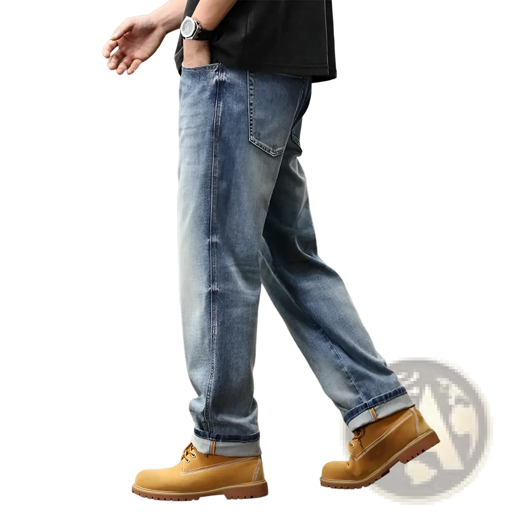 Baggy light blue denim jeans with a relaxed fit and rolled cuffs paired with tan work boots