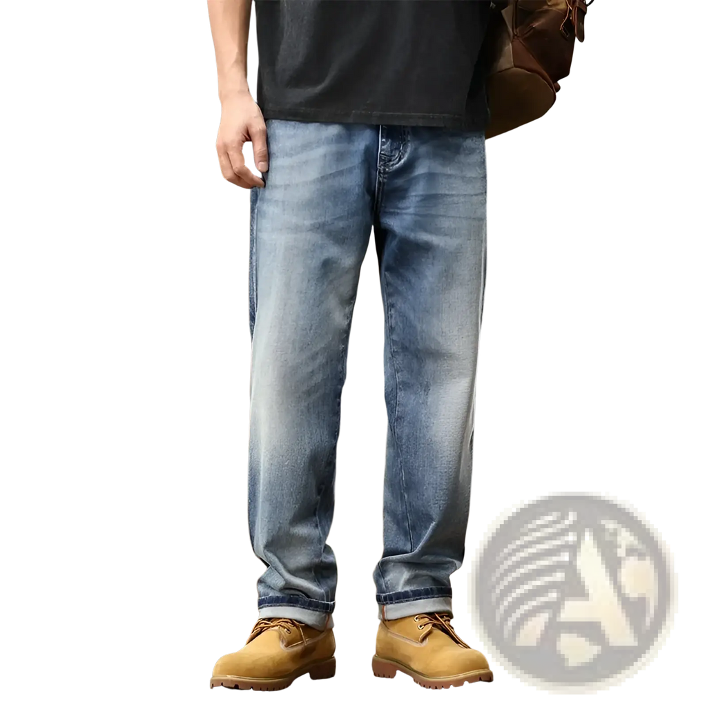 Baggy light blue denim jeans with wide leg, relaxed fit, rolled cuffs, paired with tan work boots