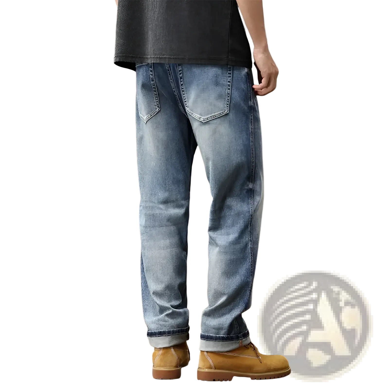 Baggy light blue denim jeans with a relaxed fit, wide leg, light-wash material, and rolled cuffs