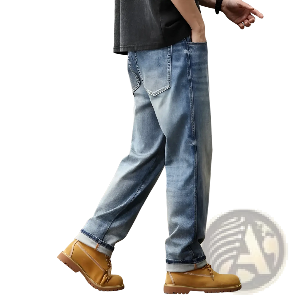 Baggy light blue denim jeans with a relaxed fit and rolled cuffs paired with tan work boots