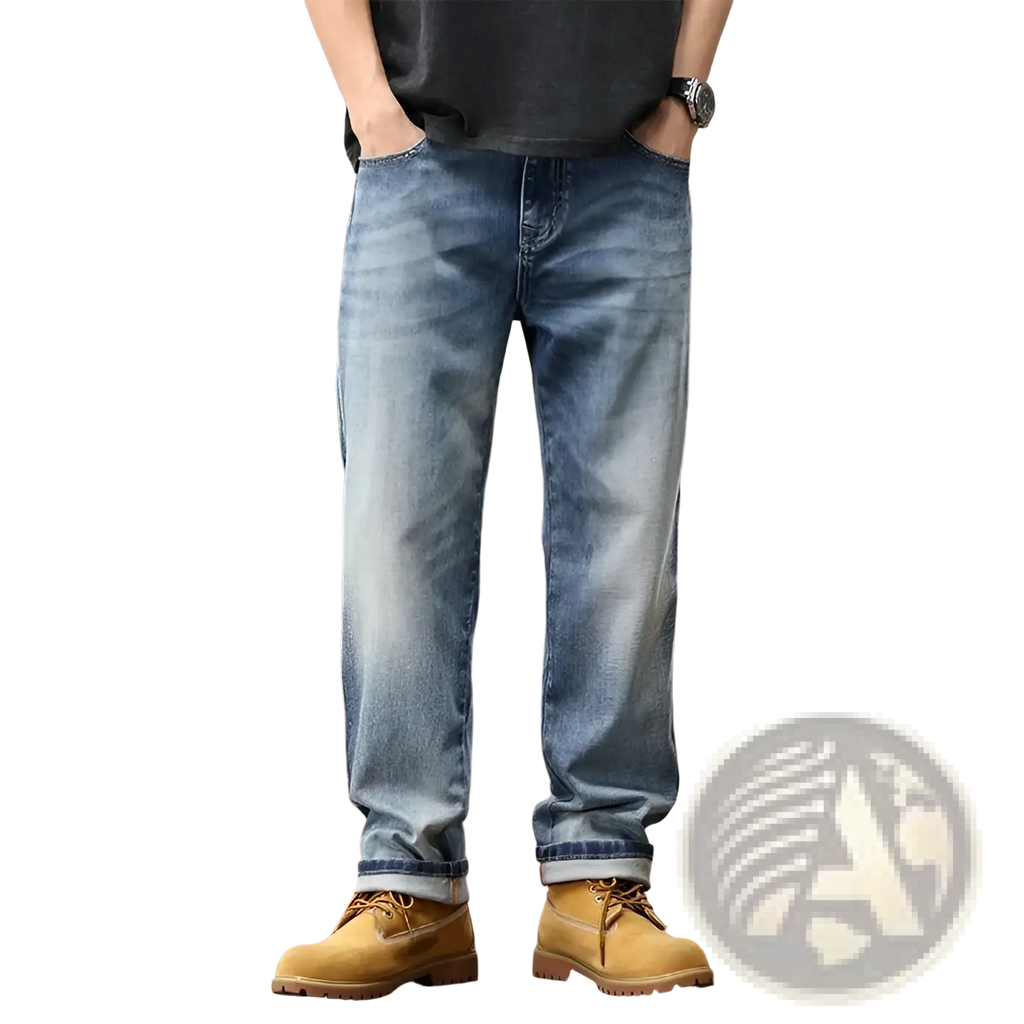 Baggy light blue denim jeans with relaxed fit, wide leg, light wash, and rolled cuffs for casual wear